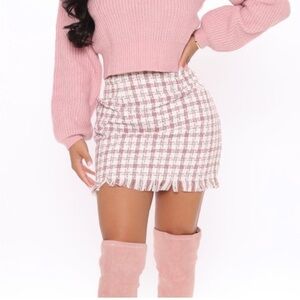 NWT Fashion Nova “Check The Record” mini skirt blush pink plaid tweed Sz L